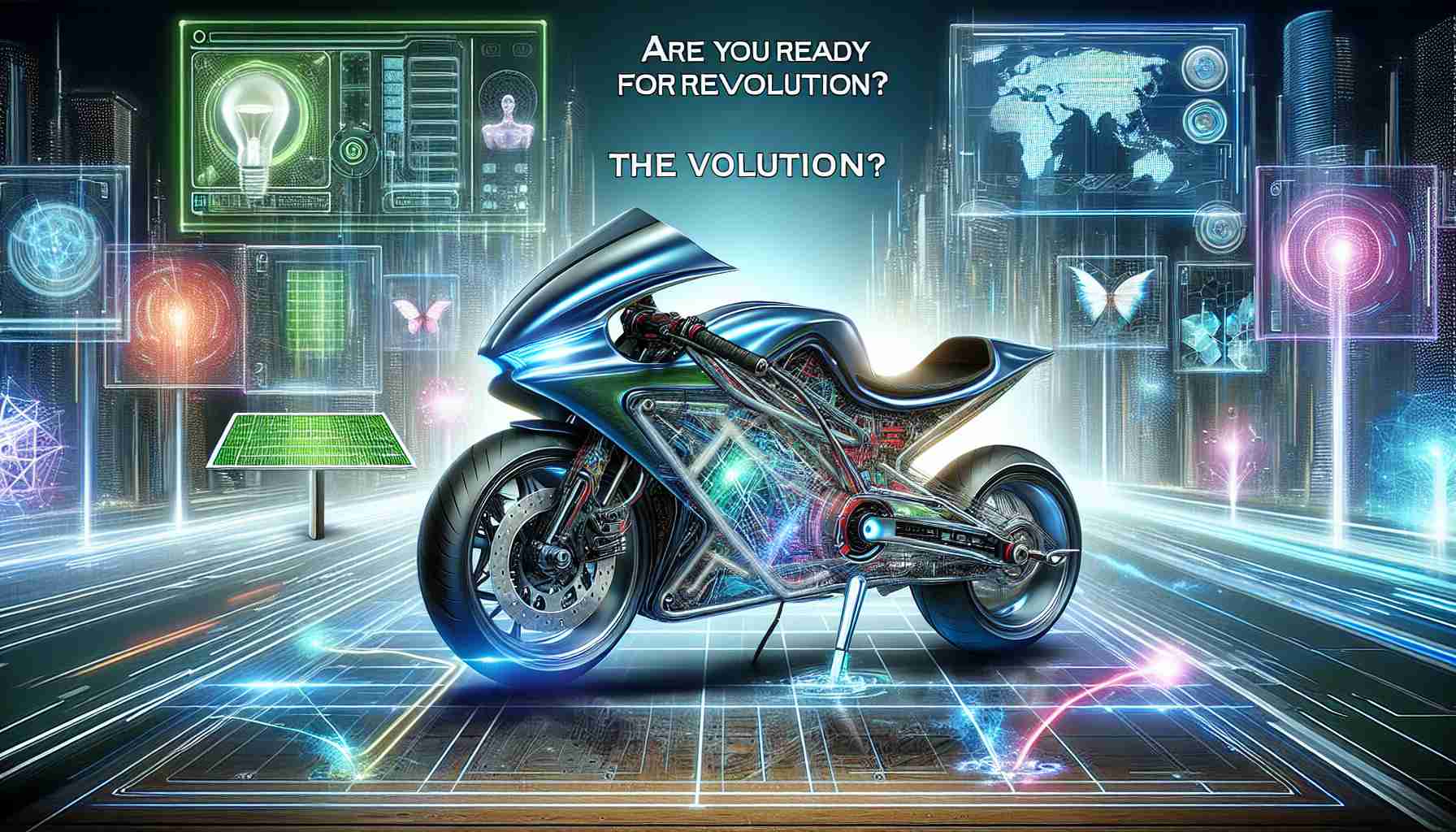 A vivid high-definition illustration of the future of electric motorcycles. The image features a sleek, aerodynamic, eco-friendly motorcycle with futuristic design elements. It's parked amidst a digitally advanced cityscape with various high-tech features visible, such as smart grids, solar panels, and holographic interfaces. The exclaiming statement 'Are You Ready for the Revolution?' appears at the top or bottom of this image, suggesting the impending transformation of the transportation industry.