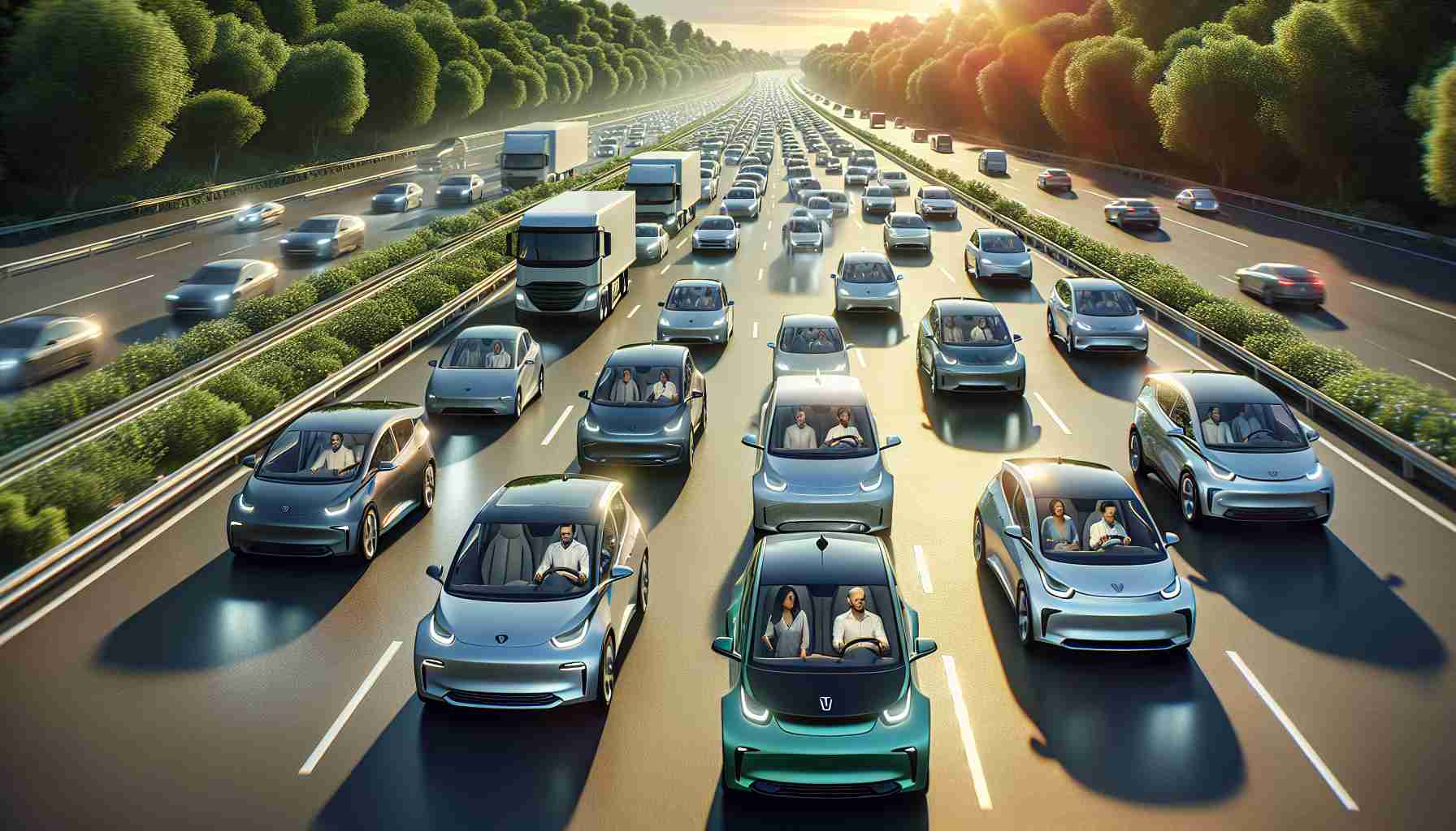 A realistic, high-definition image illustrating a significant investment in green transportation. The scene features thousands of electric vehicles of various models and sizes driving down an expansive highway. The sun is shining brightly, reflecting off the polished bodies of the cars, and the surrounding greenery gorgeously accentuates the environmentally-friendly theme. Drivers inside the vehicles are of different genders and descents, including Caucasian, Hispanic, Black, Middle-Eastern, and South Asian, all equally represented, demonstrating global participation in the shift towards electric vehicles.