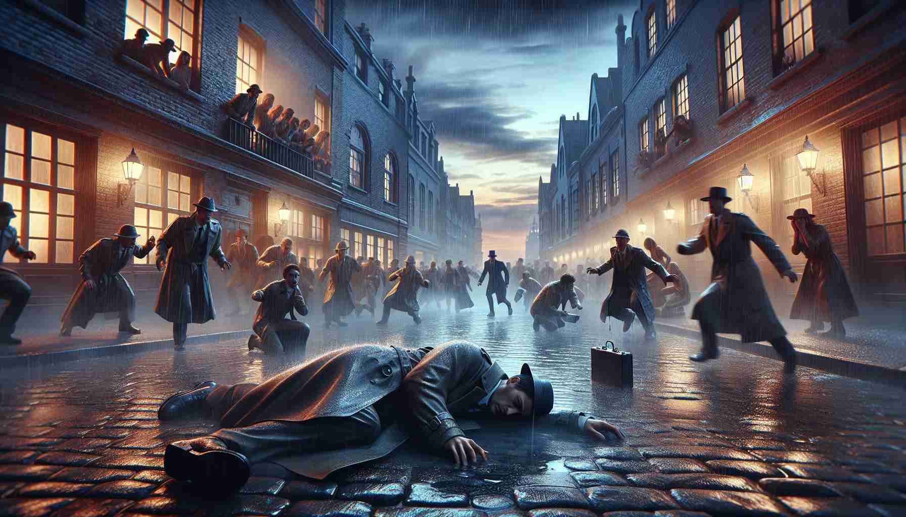 Realistic HD depiction of a dramatic event in a rainy city at dusk: An unidentified military officer lying on the ground with a trench coat draped over him, surrounded by shocked bystanders who are in different states of panic and distress. There are onlookers peeking from behind rain streaked windows of nearby buildings. The cobbled streets are glistening with rain reflecting the dim light. The sky, a moody palette of blues and purples, adds mystery to the chilling scene.