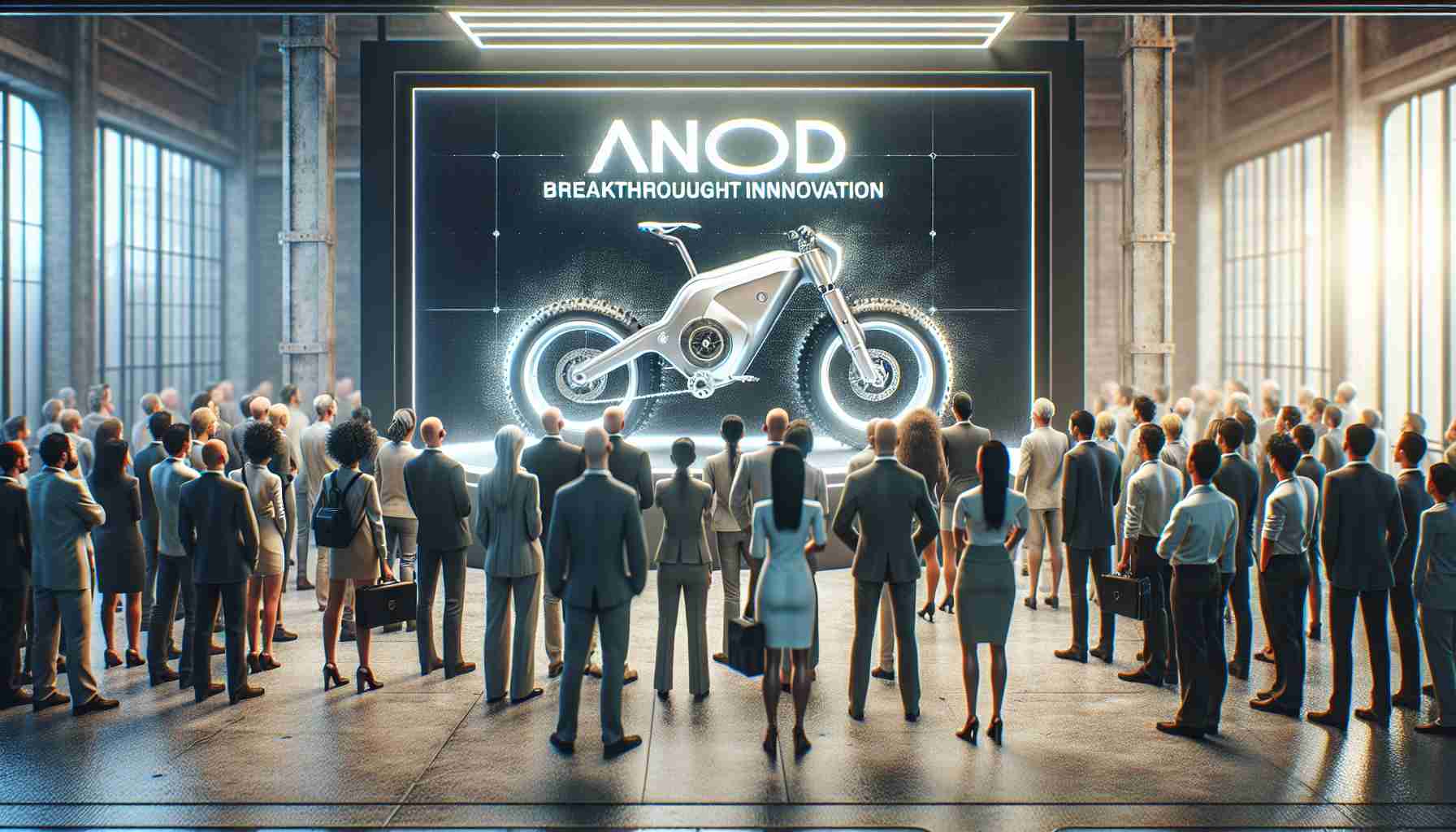 A realistic high-definition image displaying the introduction of a breakthrough innovation for a company named Anod. The scene focuses on the much-anticipated launch of a new electric bike. The design of the bike does not only show modern technology but also a touch of elegance for the people who love to ride. The excitement is palpable among the people gathered. They are of different ages, genders and descents such as Caucasian, Asian, Black, Hispanic, and Middle Eastern. The image represents a sense of achievement, novelty, and anticipation for this new product.