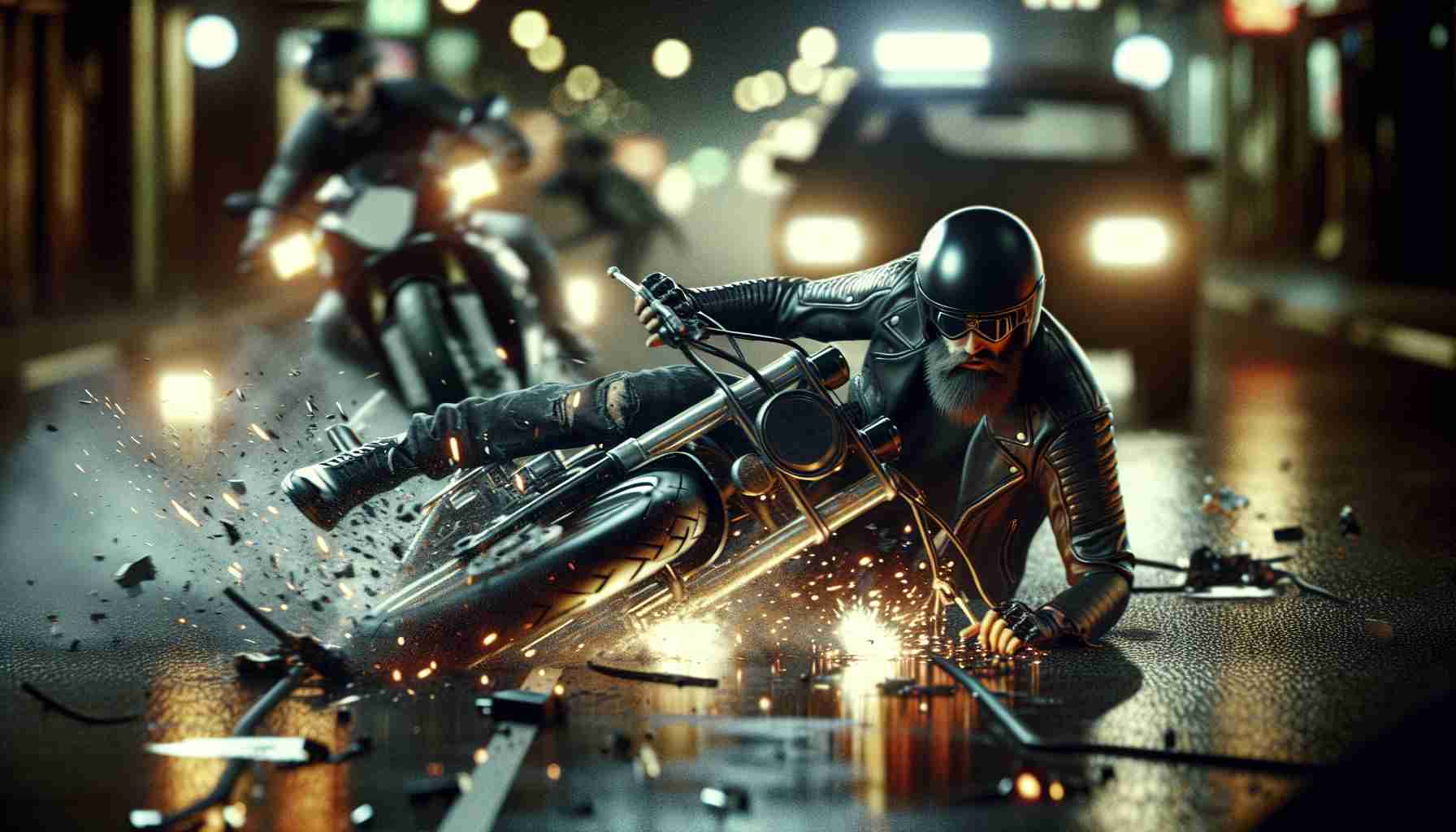 A realistic, high-definition image depicting a chaotic night scene. In the center, a bearded Caucasian male biker, wearing a black leather jacket and a helmet, collides dramatically with an unseen obstacle, his motorcycle skidding and sparking against the asphalt. The surrounding area reflects the frenzy of the moment, with blurred lights and disarray of urban street items.