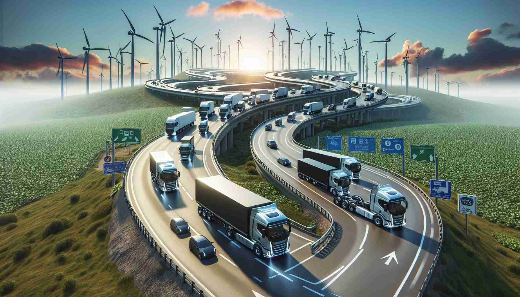 Generate a realistic high-definition image depicting the metaphorical revolution of electric trucks. Show electric trucks of various types and sizes driving on a highway that spirals upward into the sky, symbolizing rapid growth. Include signs and billboards indicating the progress of electric vehicle technology and promoting sustainability. Remember, no brand logos or explicit references to real businesses should be used.