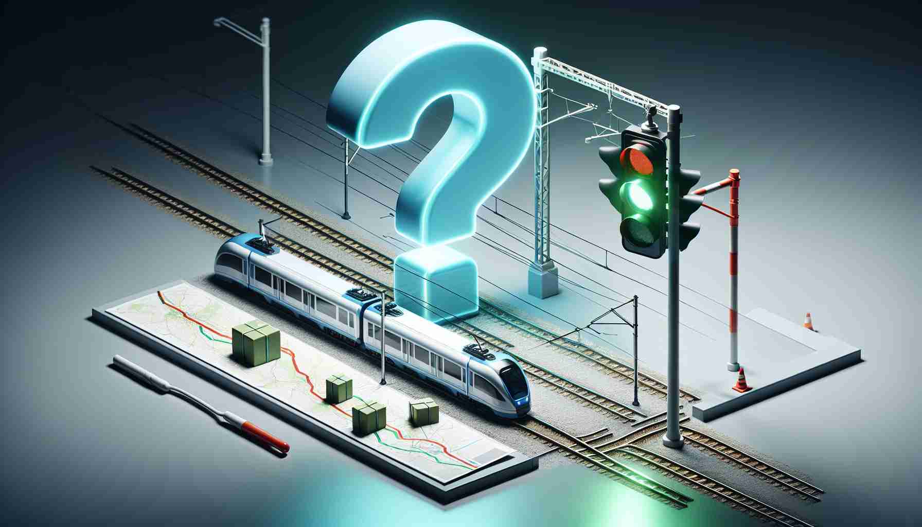 Realistic high-definition image depicting the concept of a major electrified rail project, under consideration and uncertainty. Represent this via symbolism such as a large question mark hovering above an electric train model or map layout, with a traffic light nearby showing the green light illuminated but yet uncertain.