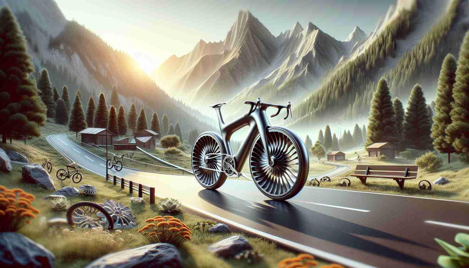 Create a high-definition, realistic image found in a brochure promoting the 'New Bike Revolution'. The scene unfolds the excitement of exploration and adventure. Picture a sleek, cutting-edge bicycle at the forefront, perhaps with unique futuristic design elements. Some engaging elements could be advanced gears, distinct handlebars, bold wheels, and striking saddle. The background should evoke an outdoor setting ripe for exploration, perhaps a picturesque mountain trail or smooth cityscape awaiting enthusiastic riders.