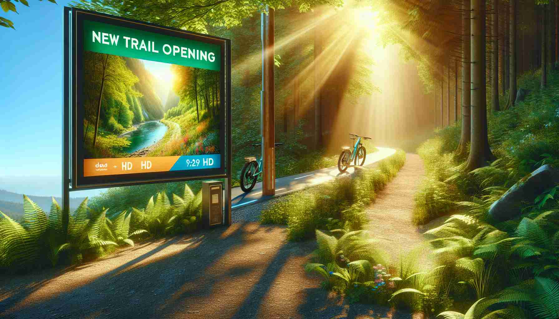 Generate a highly detailed, realistic HD depiction of a scene announcing exciting news for e-bike enthusiasts. Picture a beautiful, vibrant poster or sign that mentions a new, scenic trail opening. This promise of adventure should be set against a scenic and inviting backdrop, perhaps a winding forest path bathed in dappled sunlight, with lush greenery on either side. The bike path could gently meander, suggesting an enjoyable ride full of refreshing natural sights. Display an e-bike subtly against this setting or depict a wholesome, diverse mix of people with different gender and descent, eager and ready to explore this new trail.