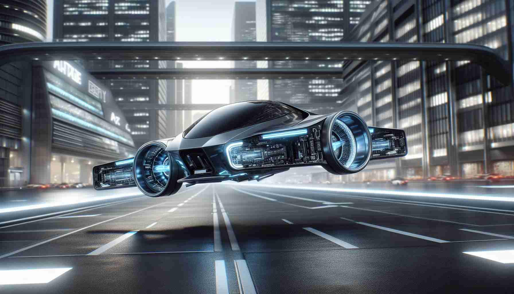 A high-definition, realistic image showing a futuristic concept of a modular flying car. The vehicle is sleek and modern, indicating advanced technology. The design is awe-inspiring, with detachable segments that possibly allow interchangeable parts for customization. The background suggests a glimpse into the future with a sophisticated cityscape. The car is mid-flight, showcasing its impressive capabilities.