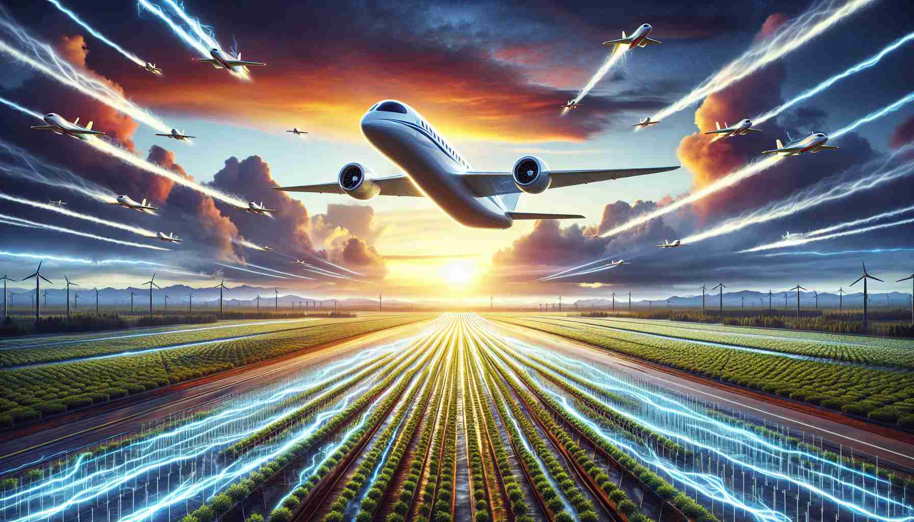 Detailed high-definition image depicting the conceptual representation of China's ambitious plans for electric aircraft export. Display a scene of groundbreaking innovation with electrical airplanes soaring in the sky, leaving eco-friendly trails behind them. The sky is a dynamic blend of sunset colors, and the ground beneath is covered in orderly plantations symbolizing the power of human will and imagination. Please refrain from including any human figures in the frame.