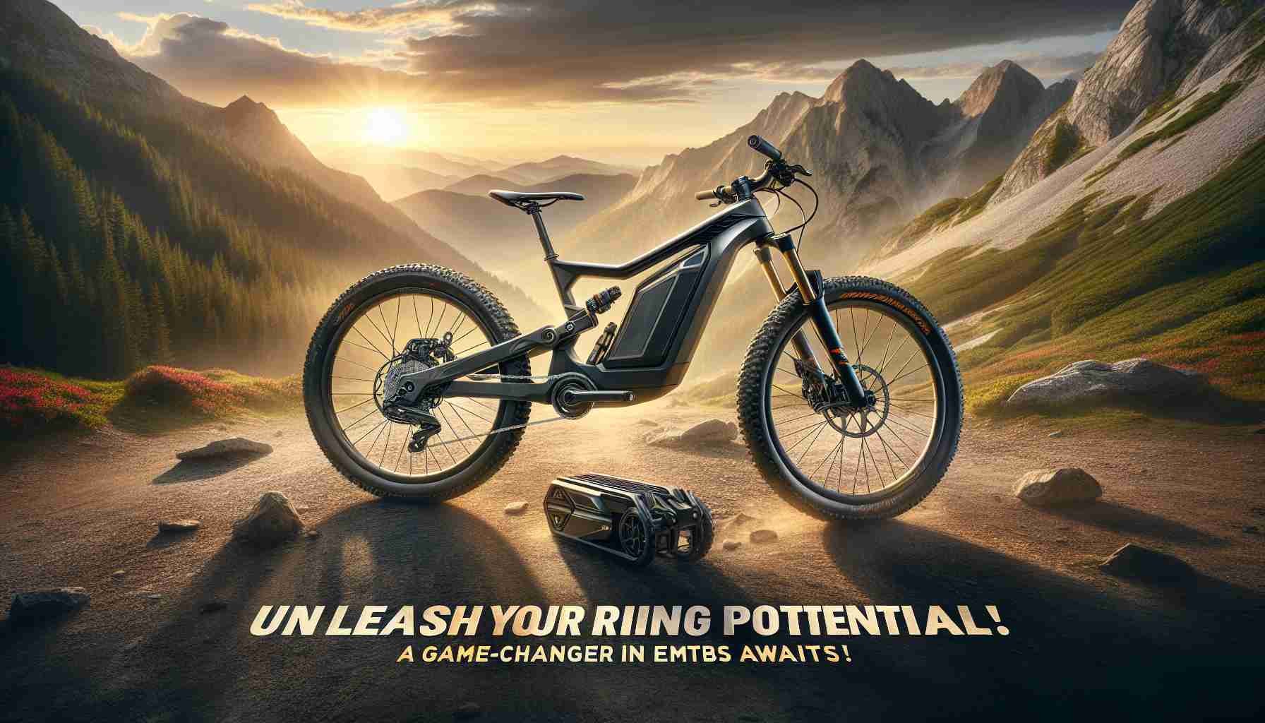 A detailed, high-definition image representing the phrase 'Unleash Your Riding Potential! A Game-Changer in eMTBs Awaits!'. The image features an innovatively designed, state-of-the-art electric mountain bicycle parked against a rugged, mountainous backdrop, suggesting the adventure that awaits. The electric mountain bike stands out with its sleek design, robust build, and advanced features. The setting sun casts a golden glow on the scene, highlighting the sense of potential and excitement. On the foreground, the phrase 'Unleash Your Riding Potential! A Game-Changer in eMTBs Awaits!' is written in bold, inspiring letters.