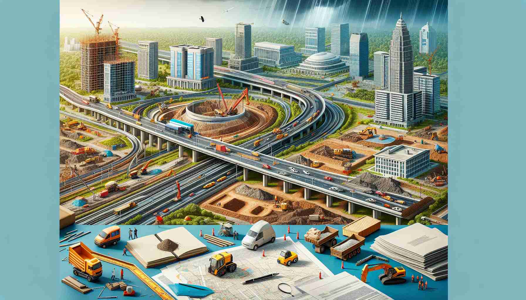 A high-definition, realistic image representing the bold infrastructure initiative in a city named Thane. Display various elements such as newly constructed buildings, bridges, highways, enhanced public transportation system and workers busily laying roads with machinery. Incorporate some symbolic hurdles or obstacles to represent the challenges ahead, perhaps weather obstacles such as a rainstorm or thunderstorm, or paperwork spread across a construction site table implying bureaucratic hurdles.