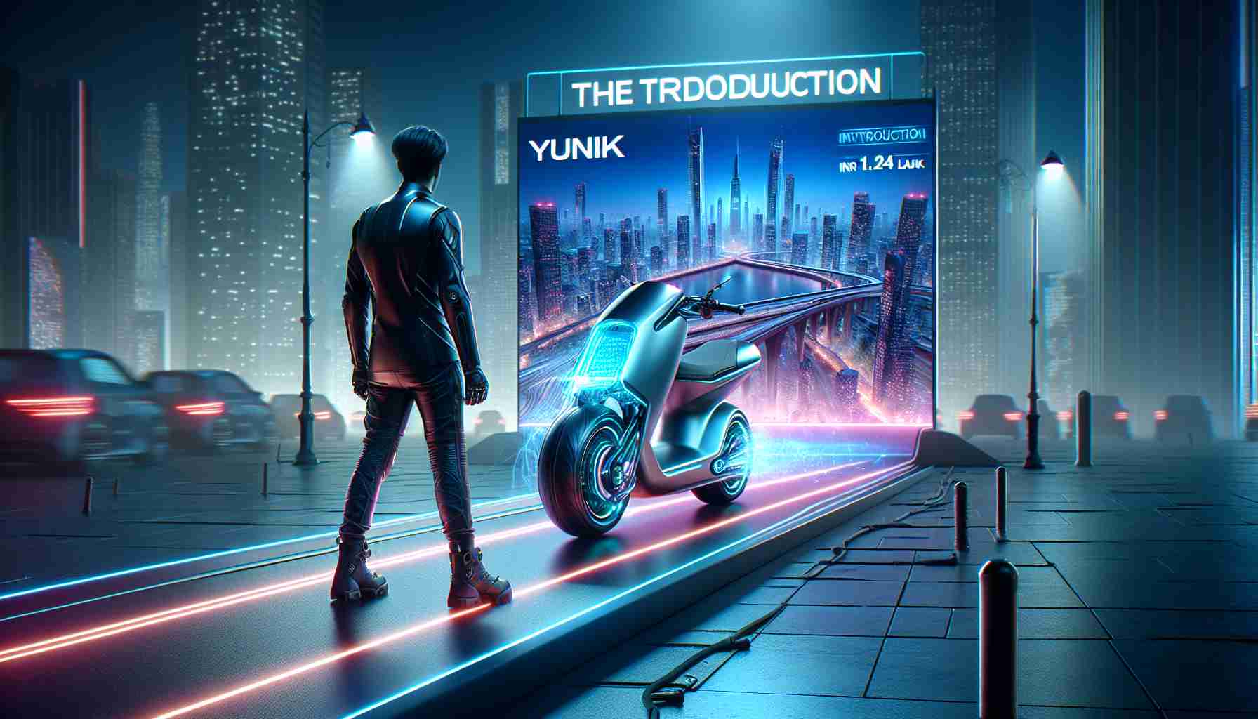 Create a high-definition, realistic image presenting the introduction of a new mode of transportation, a futuristic electric scooter named Yunik, priced at INR 1.24 Lakh. The scene should convey a sense of excitement and innovation, showcasing it as the future of riding.