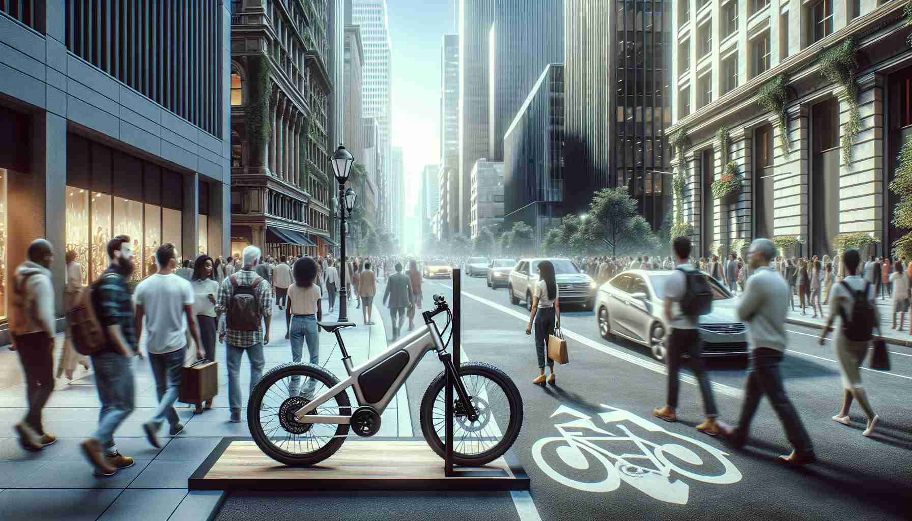 Generate a highly detailed and realistic image of an innovative, latest design urban e-bike. It is parked on a crowded city street next to a bicycle lane. Surroundings include tall concrete buildings, hustle & bustle of busy city life with people of diverse descents, genders and ages passing by. Show some individuals viewing the e-bike in admiration and curiosity.