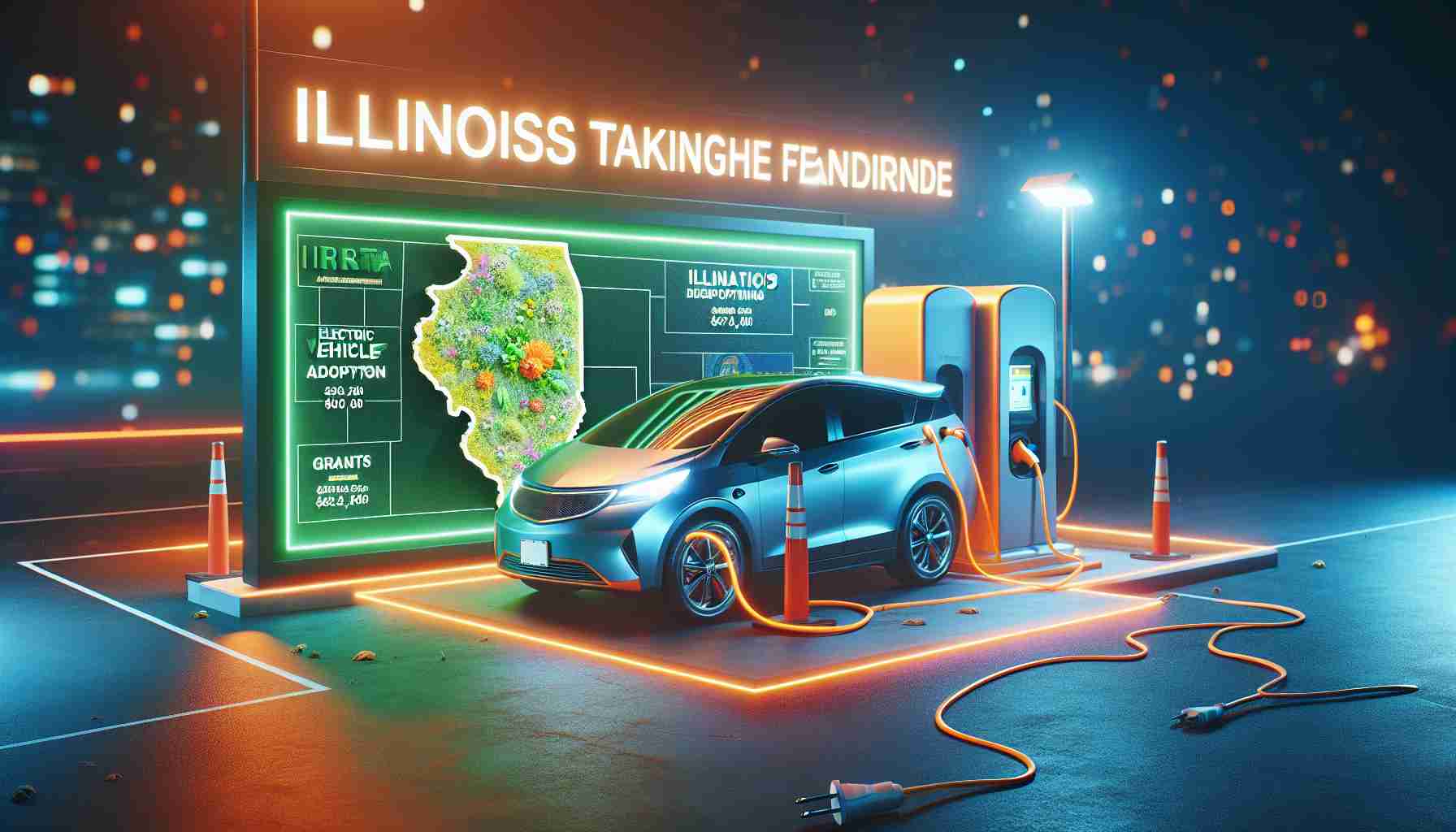 Ultra-high definition representation of Illinois taking the forefront in initiating electric vehicle adoption. The image showcases an electric car plugged into a charge station, placed in a vibrant surrounding signifying the beginning of a promising era. Excitement can be felt with the portrayal of newly announced grants symbolically represented with a bold, glowing sign or an infographic board that shows the allocation of financial aid in the EV sector.