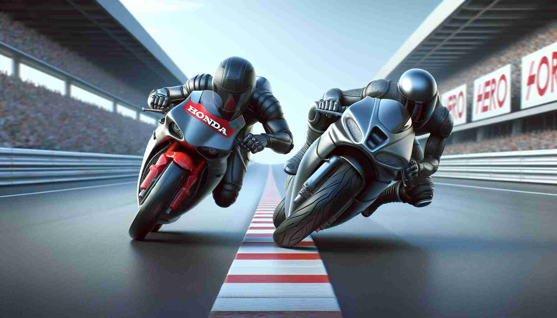 A realistic, high-definition image of a metaphorical race track. On the track, two anthropomorphized motorcycles are presented as racers: 'Honda' and 'Hero MotoCorp'. Honda is shown as a sleek, modern motorcycle trying hard to overtake its competition. While Hero MotoCorp, the leading machine, is depicted as a strong, robust bike with an aura of confidence, holding its position at the front of the pack.