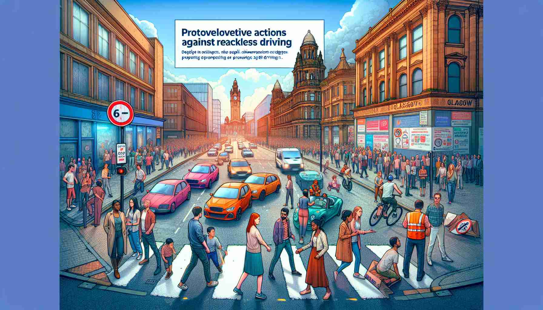 Develop an image depicting a vibrant city scene in Glasgow that illustrates proactive actions against reckless driving. The image should showcase people of varying descents and genders, including South Asian and Caucasian males and females, actively engaging in promoting safe driving strategies. Convey this through traffic signs, speed breakers, or public awareness campaigns represented in the image. The city's iconic buildings should loom in the background to clearly signify the location. Focus on creating a realistic, high-definition image that sends a powerful message about responsible road usage.