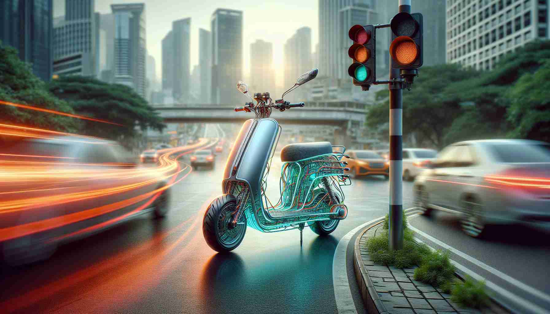 A high-definition, realistic image of a revolutionary scene in electric transportation: a leading electric scooter, inspired by classic models, takes the forefront. Capture the essence of change, with the electric scooter elegantly designed in vibrant colors, embedded with high-tech features. The background filled with blurred traffic lights and cityscape to indicate its urban environment. Note that the scooter should not resemble any specific brand but symbolize the concept of electric revolution in daily commute.